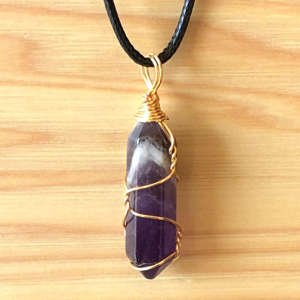 Amethyst Natural Gemstone Hexagonal Point Gold Wire Wrapped Pendant - Picture 2 of 4